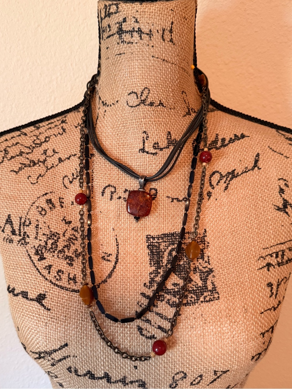 Layered Black and Amber Necklace Set